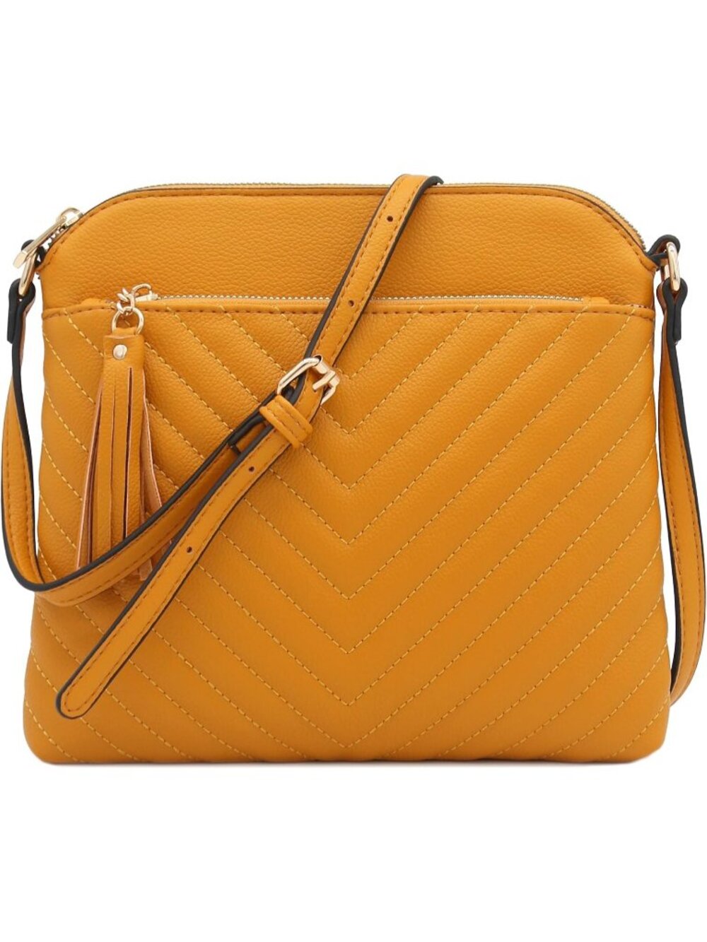 Women Mustard Smoke Chevron Quilted Medium Tassel Accent Shoulder Crossbody Bag
